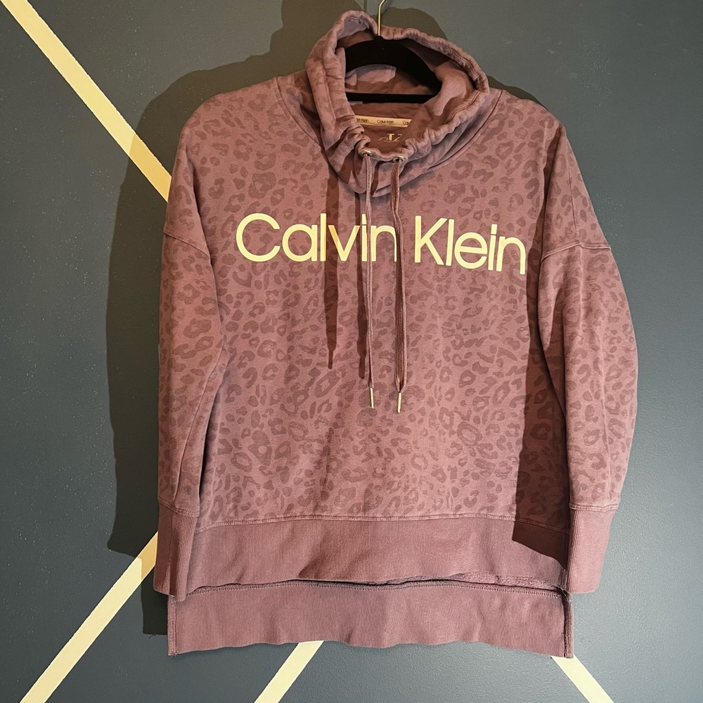 Calvin Klein Purple Leopard Cowl Funnel Neck Scarf Neck Performance Sweatshirt S